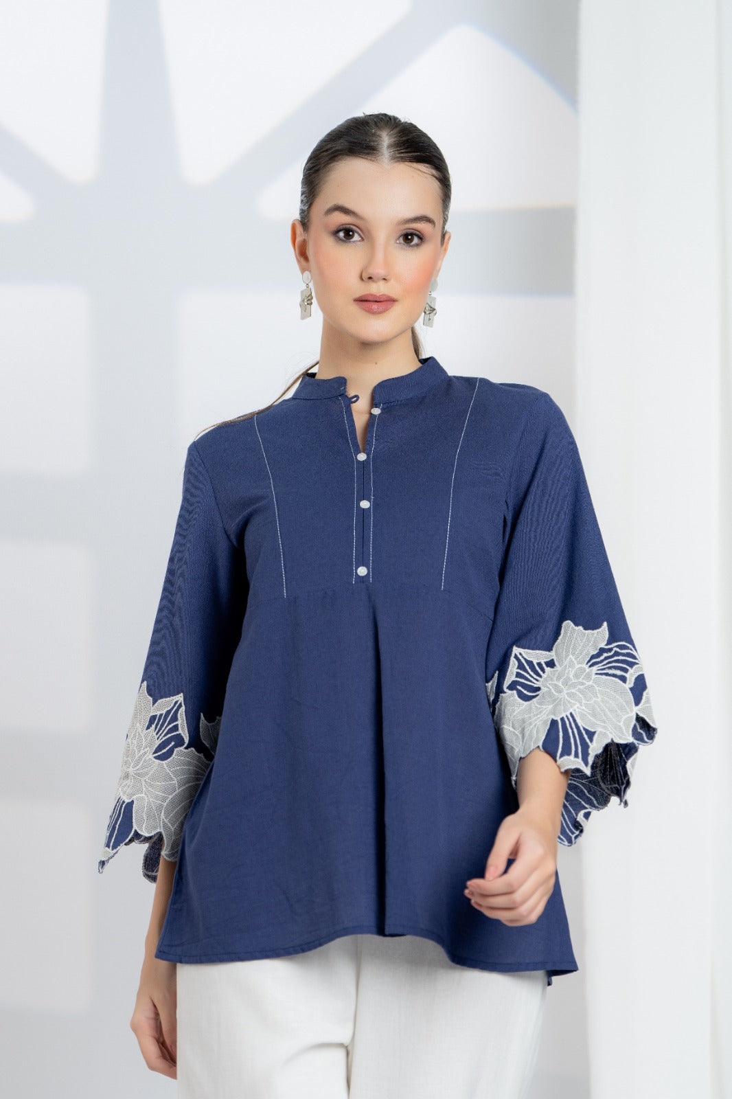 Blue Cotton Top with Embroidered Sleeves