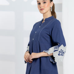 Blue Cotton Top with Embroidered Sleeves