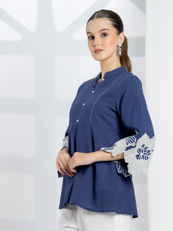 Blue Cotton Top with Embroidered Sleeves