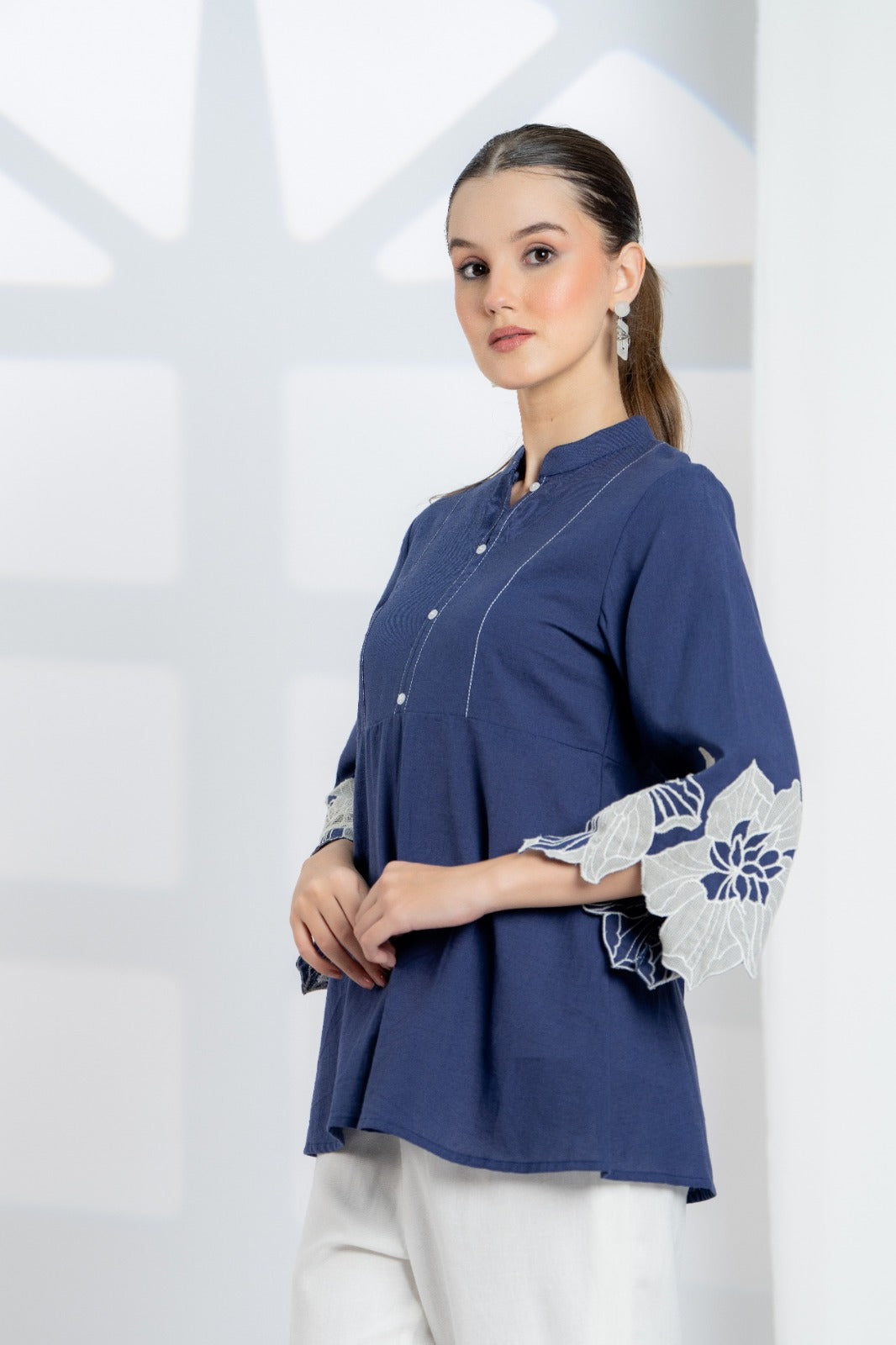 Blue Cotton Top with Embroidered Sleeves