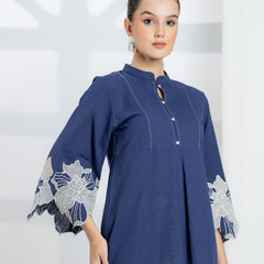 Blue Cotton Top with Embroidered Sleeves