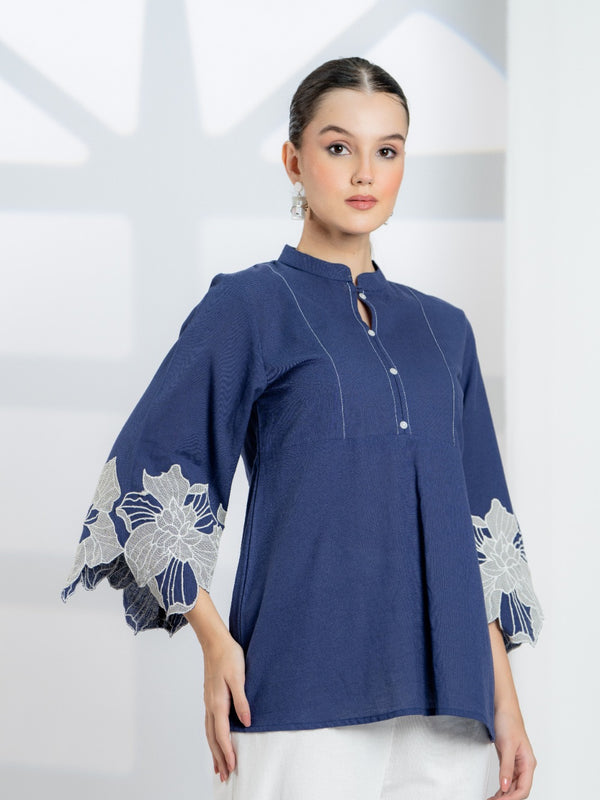 Blue Cotton Top with Embroidered Sleeves