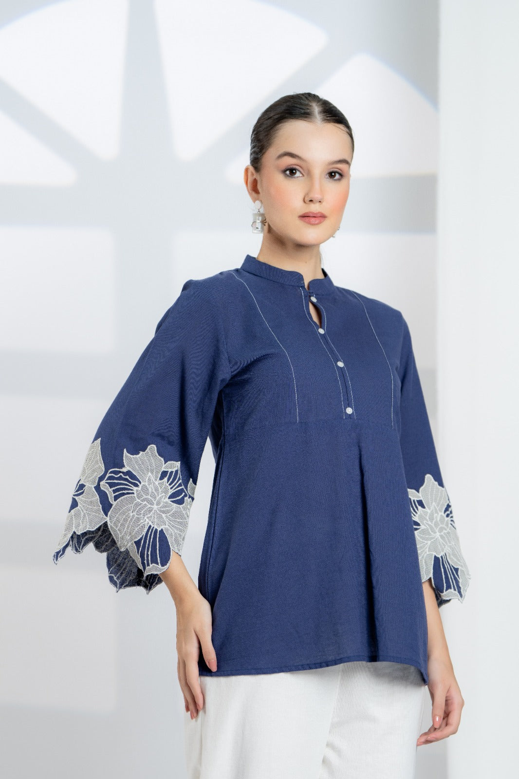 Blue Cotton Top with Embroidered Sleeves