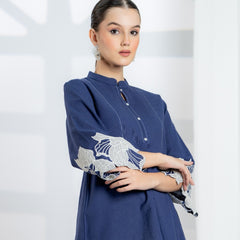 Blue Cotton Top with Embroidered Sleeves