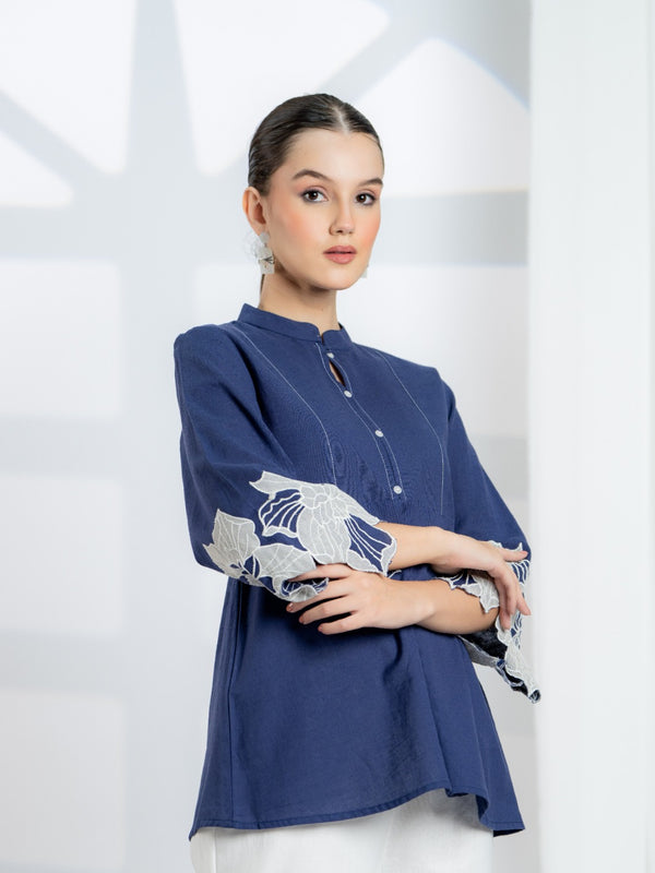 Blue Cotton Top with Embroidered Sleeves