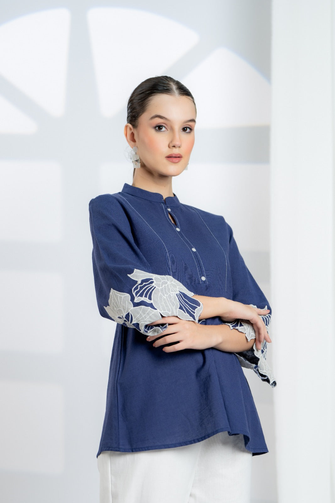 Blue Cotton Top with Embroidered Sleeves