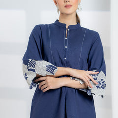 Blue Cotton Top with Embroidered Sleeves