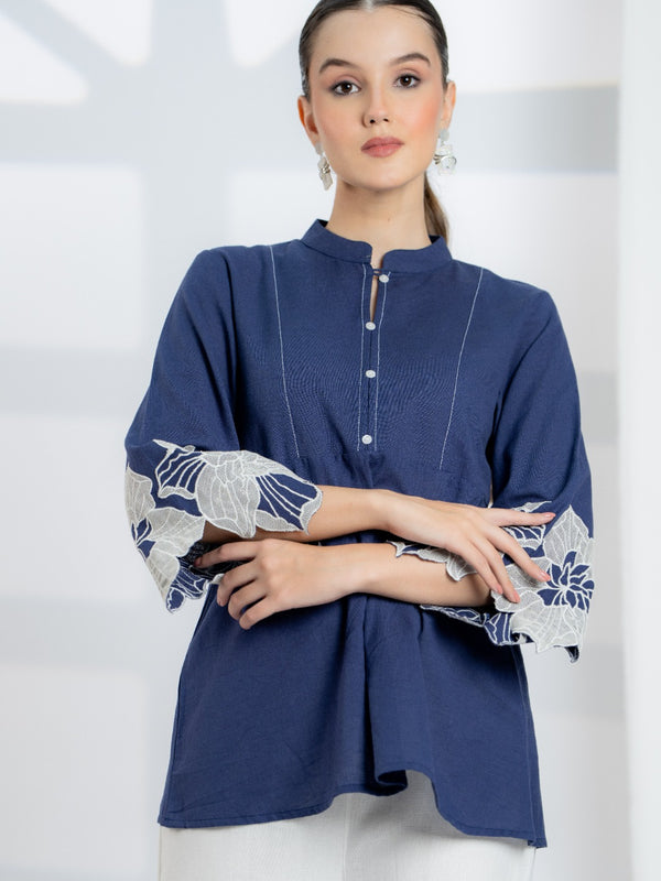 Blue Cotton Top with Embroidered Sleeves