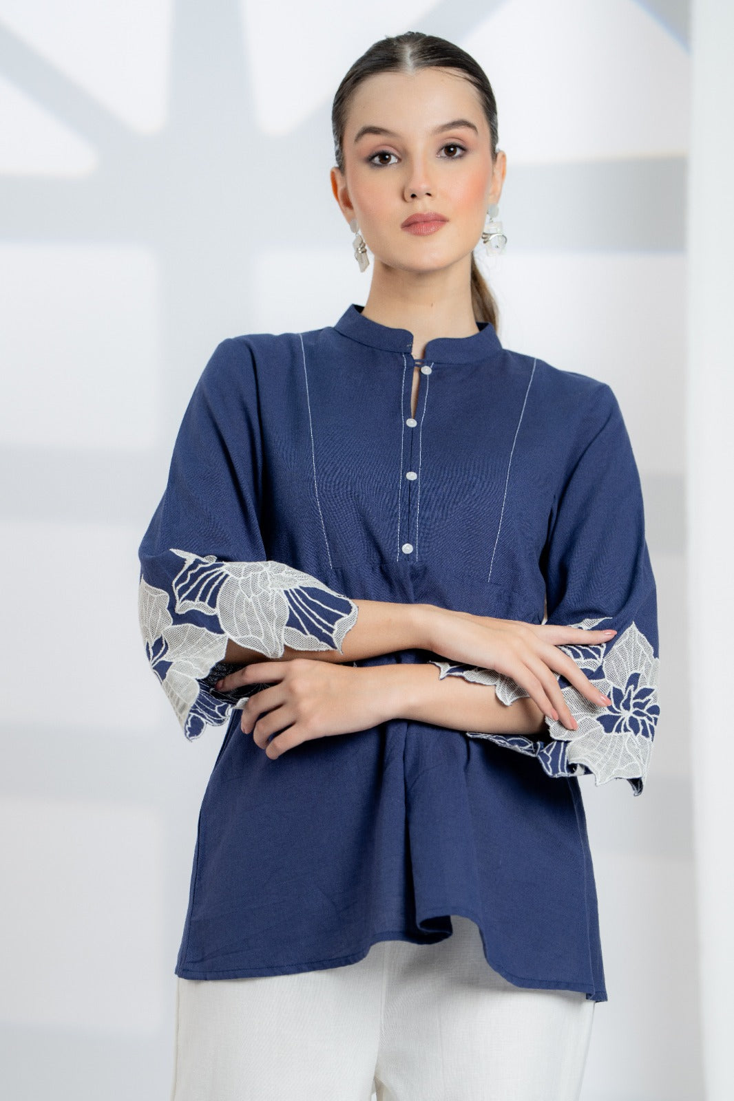Blue Cotton Top with Embroidered Sleeves