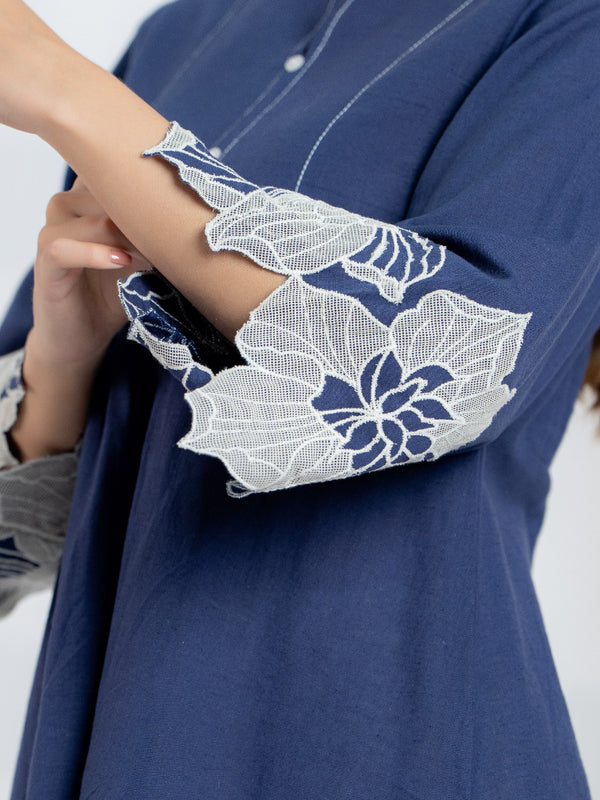 Blue Cotton Top with Embroidered Sleeves