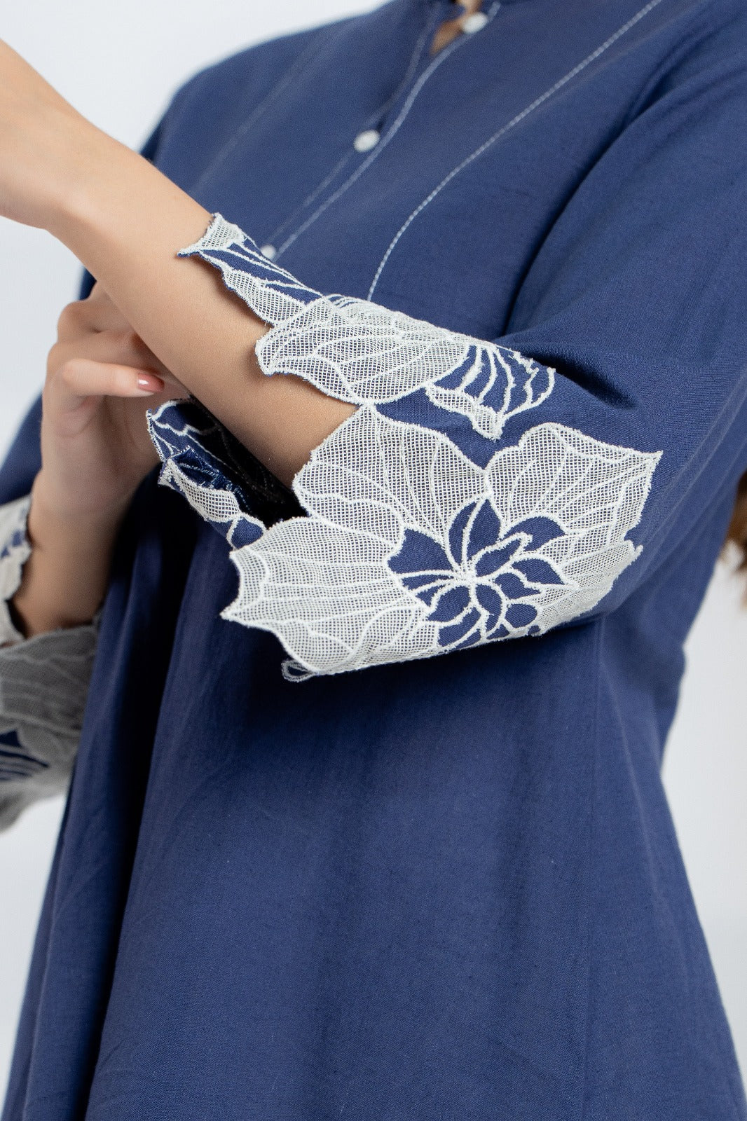 Blue Cotton Top with Embroidered Sleeves