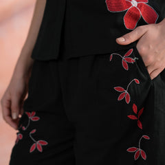 Black Cotton Embroidered Shirt & Shorts Co-Ord Set with Collar Neck