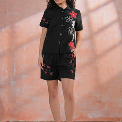 Black Cotton Embroidered Shirt & Shorts Co-Ord Set with Collar Neck