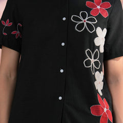 Black Cotton Embroidered Shirt & Shorts Co-Ord Set with Collar Neck