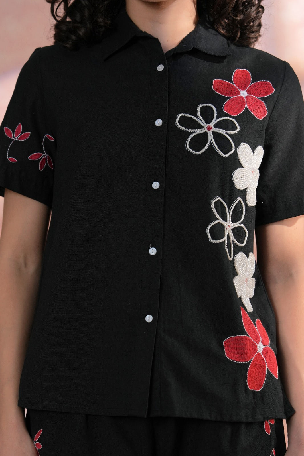 Black Cotton Embroidered Shirt & Shorts Co-Ord Set with Collar Neck