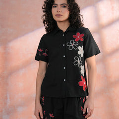 Black Cotton Embroidered Shirt & Shorts Co-Ord Set with Collar Neck
