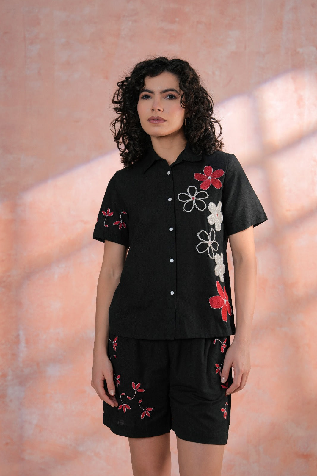 Black Cotton Embroidered Shirt & Shorts Co-Ord Set with Collar Neck