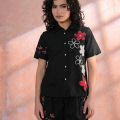 Black Cotton Embroidered Shirt & Shorts Co-Ord Set with Collar Neck
