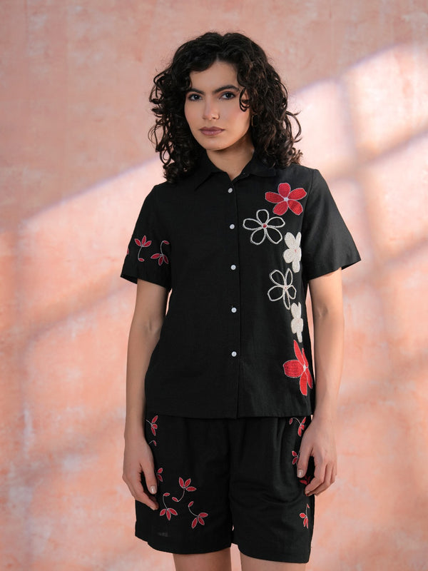 Black Cotton Embroidered Shirt & Shorts Co-Ord Set with Collar Neck
