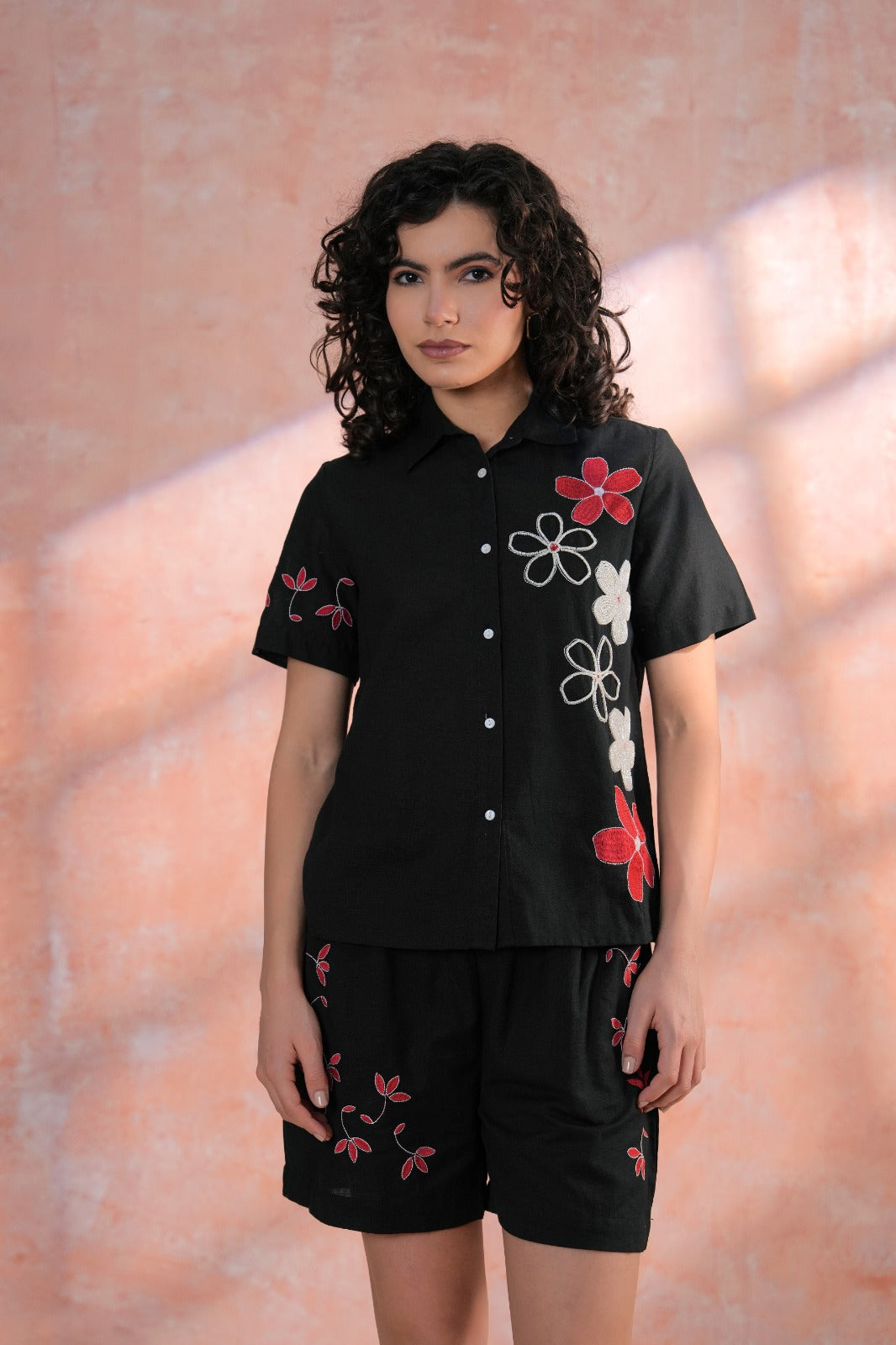 Black Cotton Embroidered Shirt & Shorts Co-Ord Set with Collar Neck