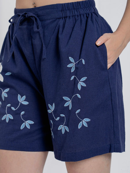 Elegant Navy Blue Embroidered Cotton Co-ord Set