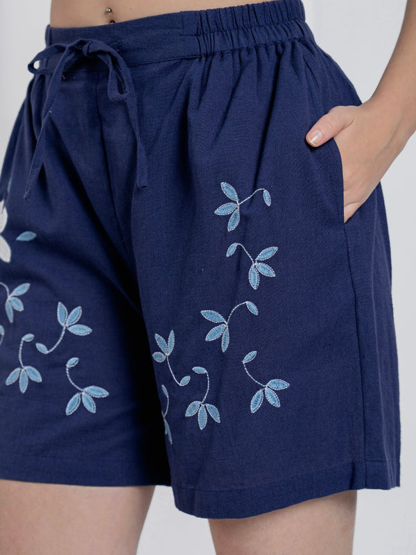 Elegant Navy Blue Embroidered Cotton Co-ord Set
