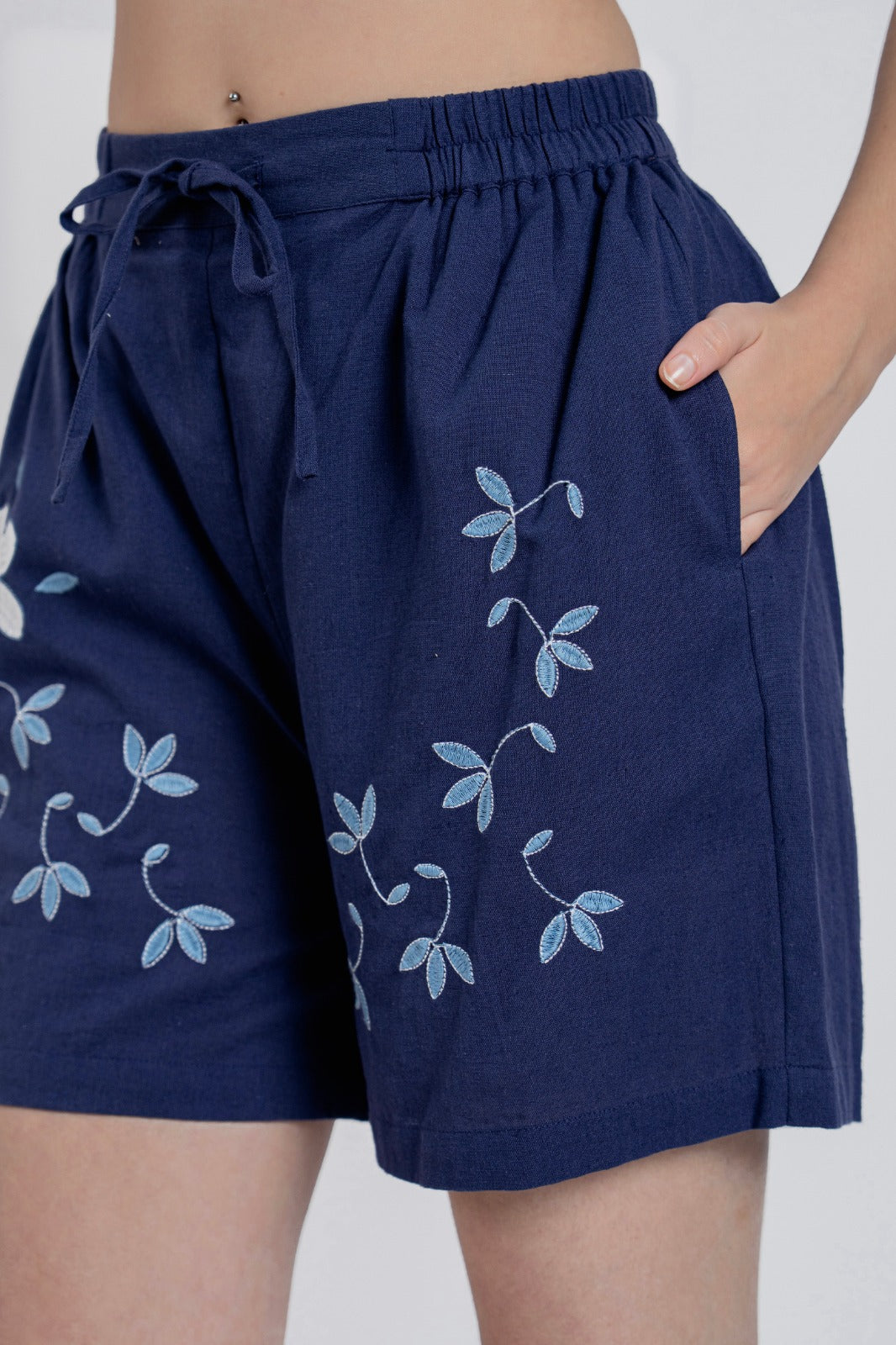 Elegant Navy Blue Embroidered Cotton Co-ord Set