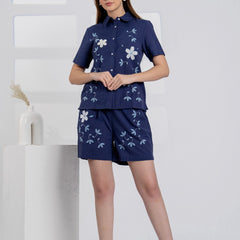 Elegant Navy Blue Embroidered Cotton Co-ord Set