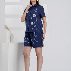 Elegant Navy Blue Embroidered Cotton Co-ord Set