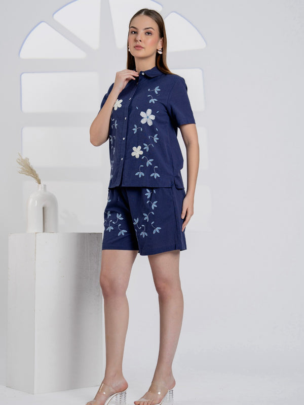 Elegant Navy Blue Embroidered Cotton Co-ord Set