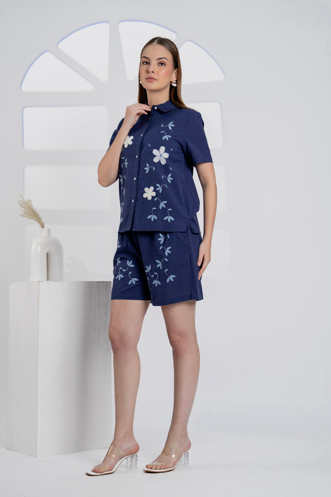 Elegant Navy Blue Embroidered Cotton Co-ord Set