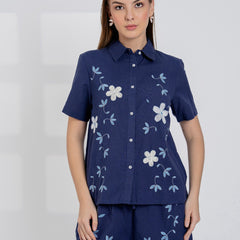 Elegant Navy Blue Embroidered Cotton Co-ord Set