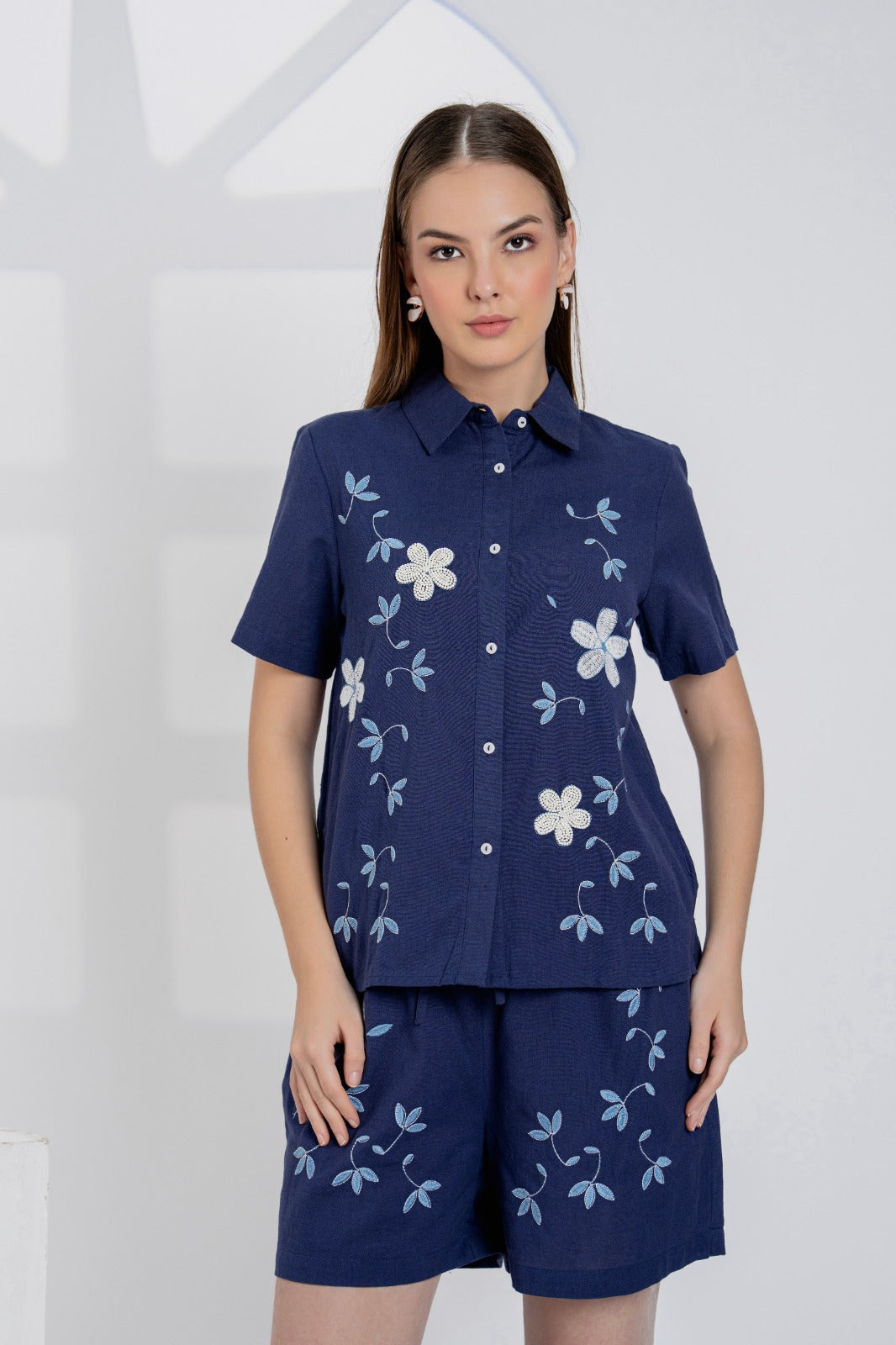 Elegant Navy Blue Embroidered Cotton Co-ord Set