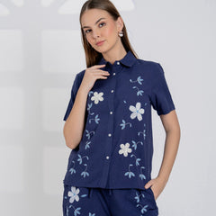 Elegant Navy Blue Embroidered Cotton Co-ord Set