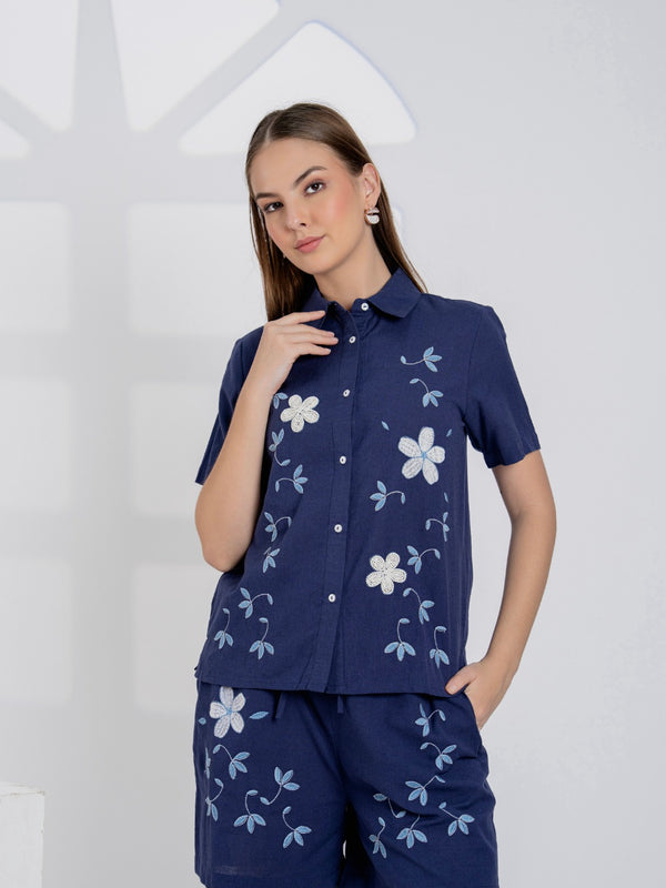 Elegant Navy Blue Embroidered Cotton Co-ord Set