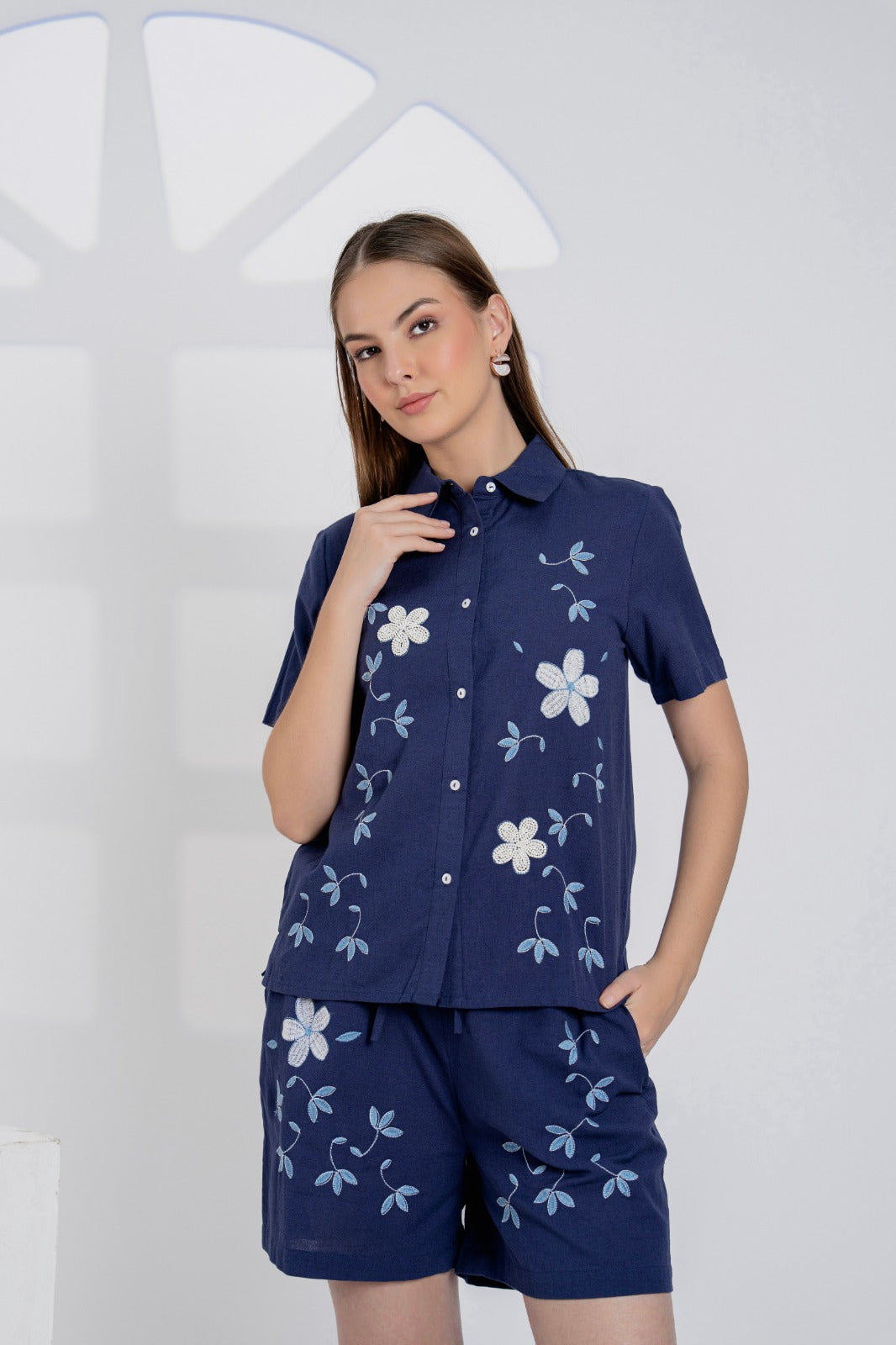 Elegant Navy Blue Embroidered Cotton Co-ord Set