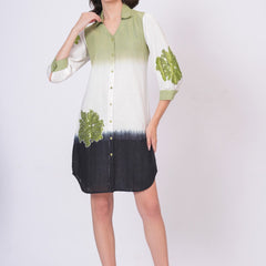 Elegant Green & White Bloom Embroidered Cotton Shirt Dress