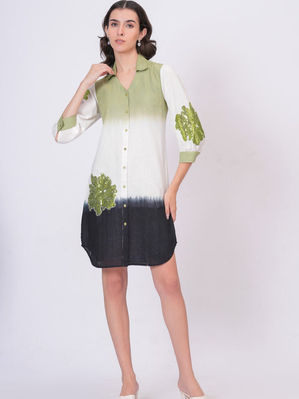 Elegant Green & White Bloom Embroidered Cotton Shirt Dress
