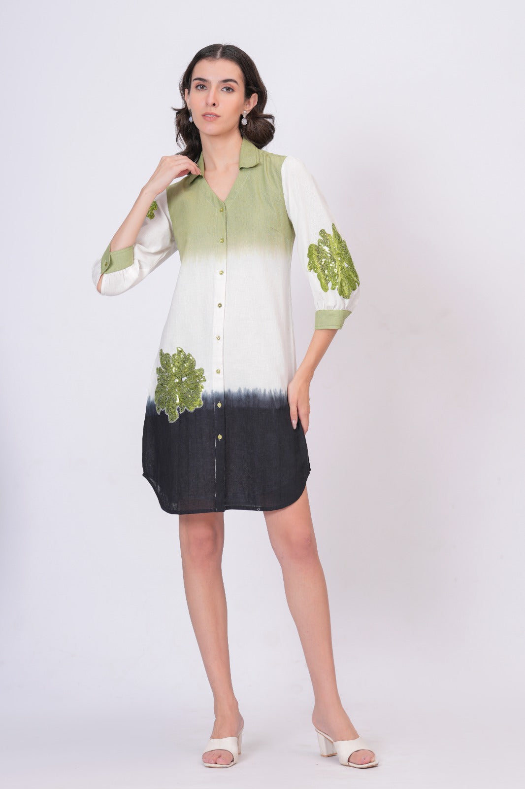 Elegant Green & White Bloom Embroidered Cotton Shirt Dress