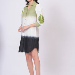 Elegant Green & White Bloom Embroidered Cotton Shirt Dress