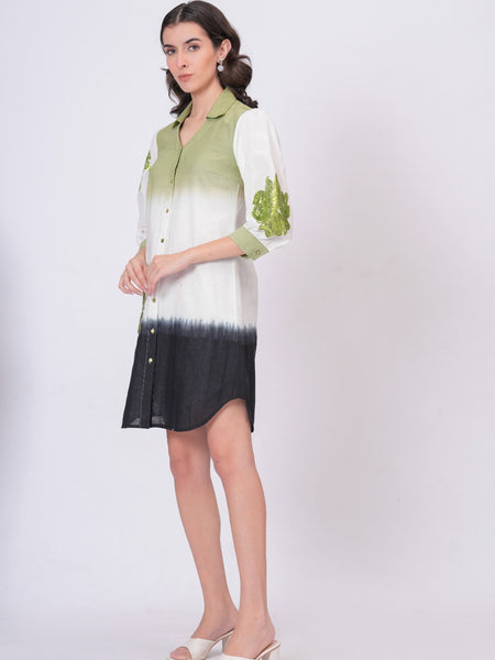 Elegant Green & White Bloom Embroidered Cotton Shirt Dress