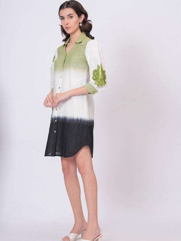 Elegant Green & White Bloom Embroidered Cotton Shirt Dress