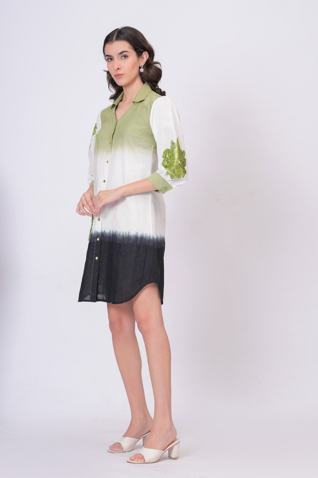 Elegant Green & White Bloom Embroidered Cotton Shirt Dress