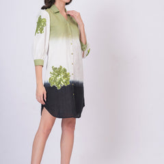 Elegant Green & White Bloom Embroidered Cotton Shirt Dress