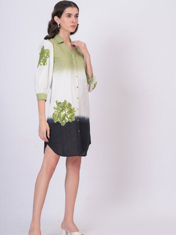 Elegant Green & White Bloom Embroidered Cotton Shirt Dress