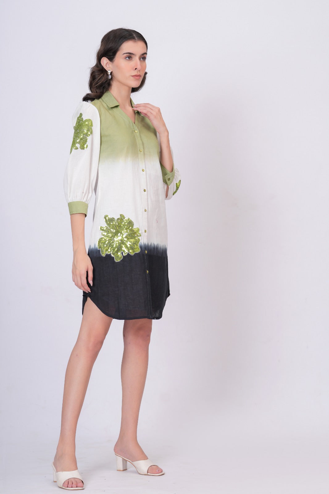 Elegant Green & White Bloom Embroidered Cotton Shirt Dress