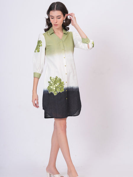 Elegant Green & White Bloom Embroidered Cotton Shirt Dress