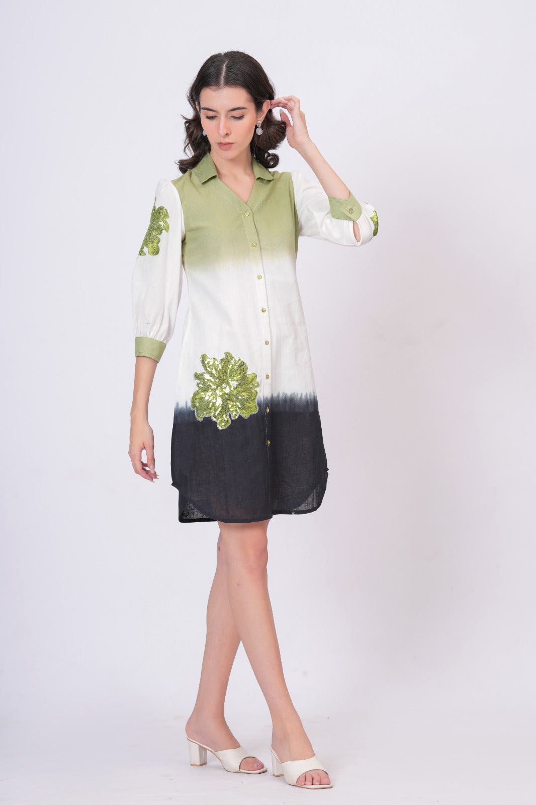 Elegant Green & White Bloom Embroidered Cotton Shirt Dress