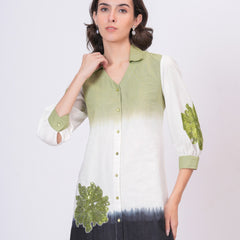Elegant Green & White Bloom Embroidered Cotton Shirt Dress