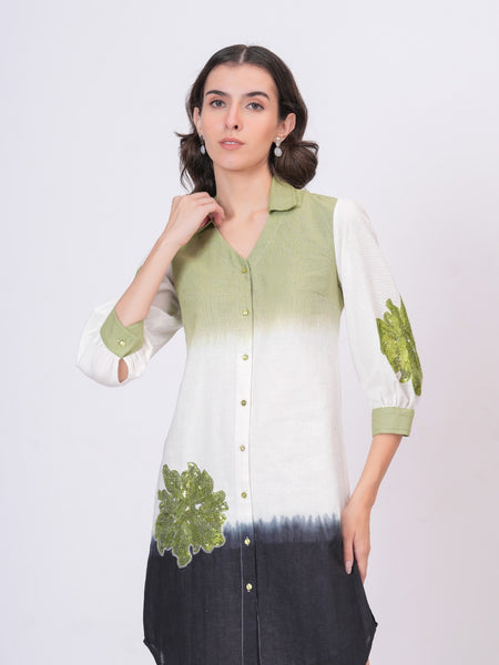 Elegant Green & White Bloom Embroidered Cotton Shirt Dress